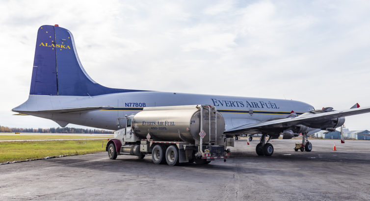 An Everts Air Fuel DC-6A getting loaded at Fairbanks. N7780B was built in 1957 and spent its early career hauling oil drilling components for the Hughes (yes, <em>that</em> Hughes) Tool Company. 63 years later, it spends its days hauling fuels, mostly diesel, to rural communities in Alaska.