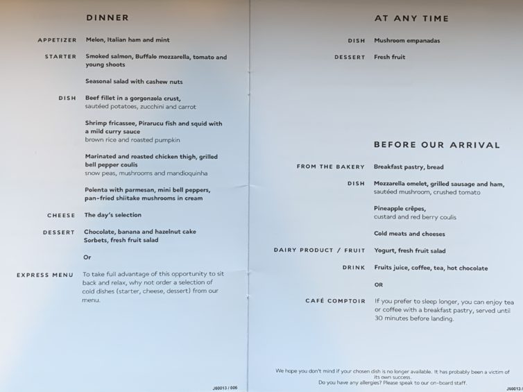 air france business class menu