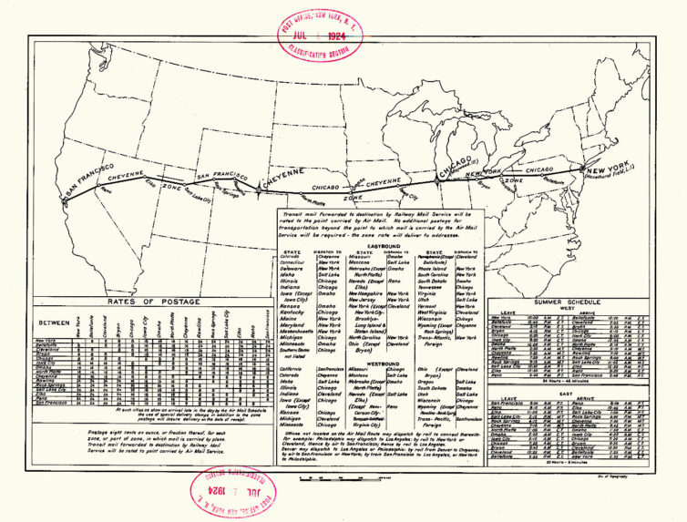 This map illustrates the first transcontinental air mail route, circa 1924. - Image: Public Domain