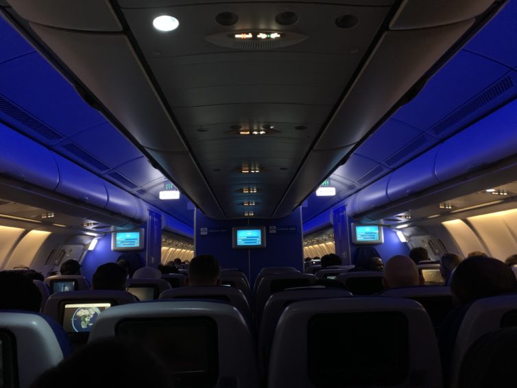 KLM's blue mood lighting seen on descent to Kigali. - Photo: Matthew Chasmar