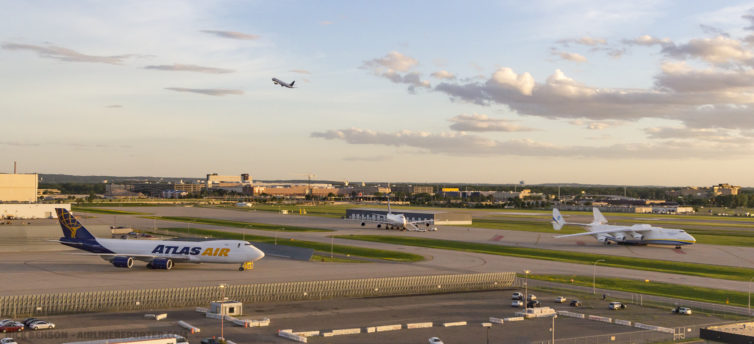 An Atlas Air 747-8F from Anchorage, a United 747-400 from Shanghai, and a United 757-200 from San Francisco, all in the frame here, all diverted to MSP on account of bad weather at ORD while the An-225 was in town; none of the four were regular visitors here. Not bad for my third spotting trip to the airport! Photo: Nick Benson