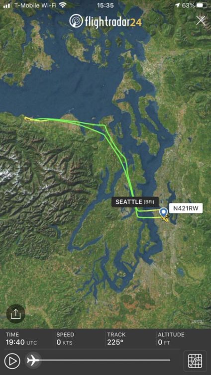 My first cross-country flight was from Boeing Field to Fairchild International Airport in Port Angeles, Wash. This is a screen grab from FlightRadar24 showing my route