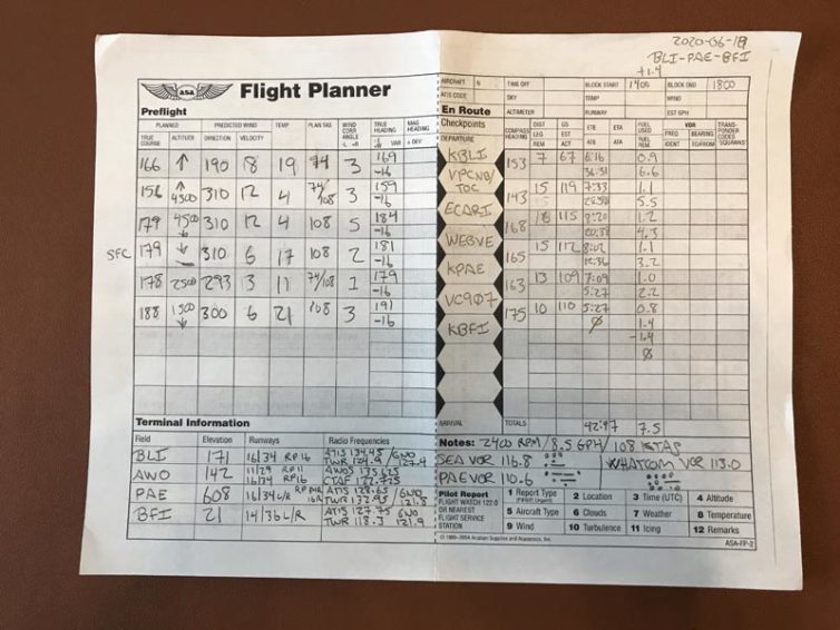 My flight planner for the BFI-BLI cross-country