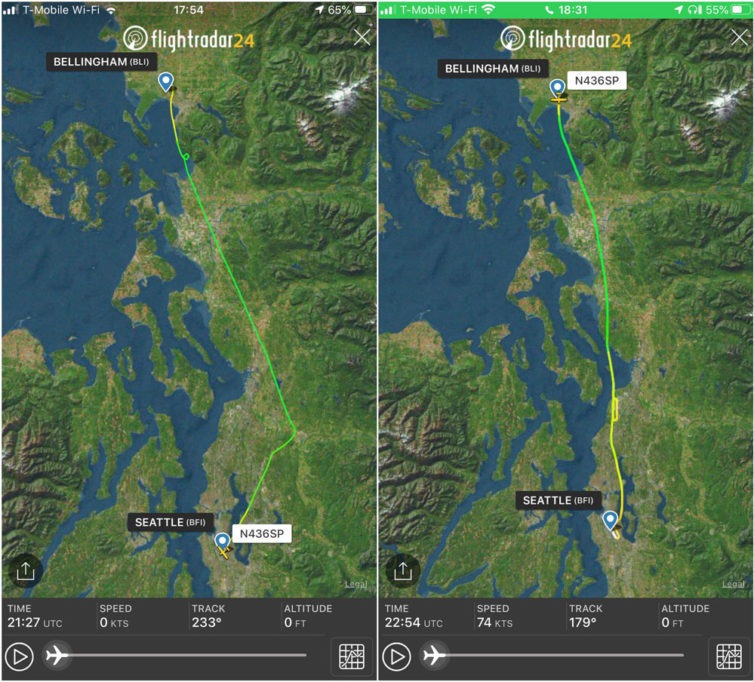 My third (long) cross-country flight was from Boeing Field to Bellingham, Wash., with a stop at Paine Field in Everett on the way home. This is a screen grab from FlightRadar24 showing my route