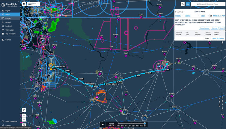 This was my proposed route from Seattle to Spokane for my checkride. Screenshot is from ForeFlight