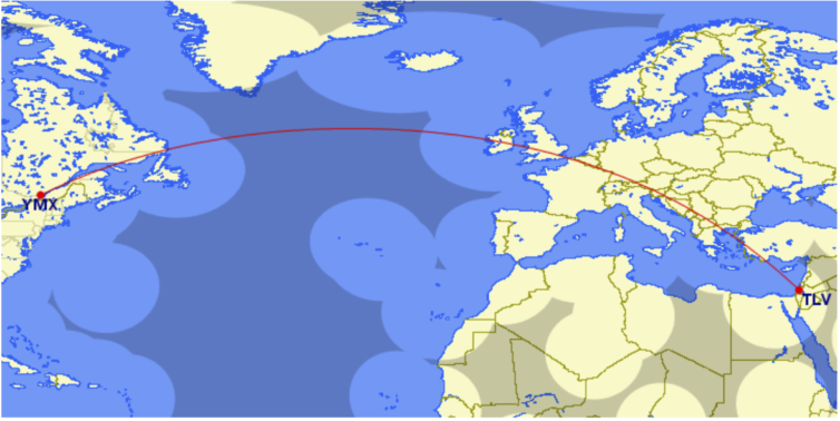 El Al's first ETOPS flight was from Tel Aviv to Montreal on March 26, 1984. Credit: Great Circle Mapper