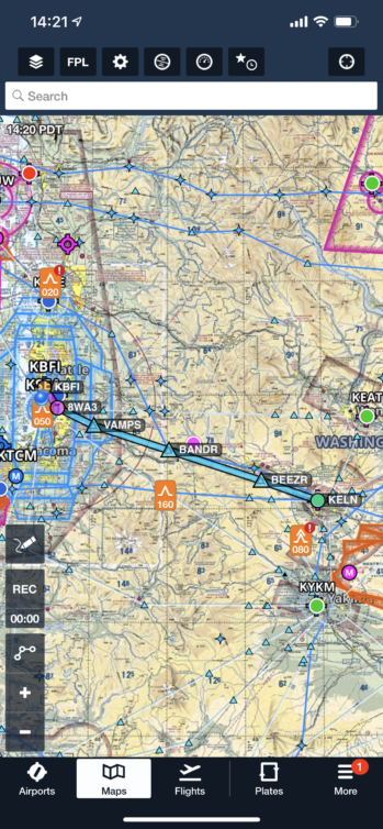 This was our route from BFI-ELN, over the mountains at 9,500'. Screenshot from Foreflight