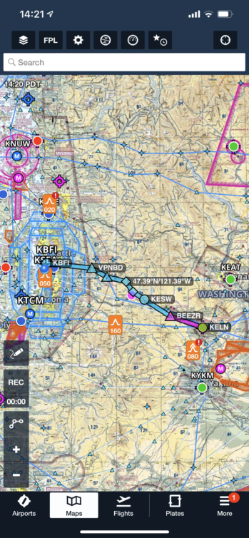 This was our low-level route through the mountains returning to BFI from ELN. Notice the less direct route. Screenshot from Foreflight