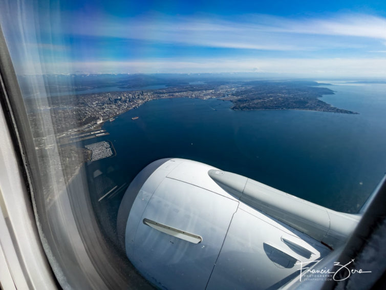 Turning base over Elliott Bay in Seattle on the way back to SEA. The MAX's engines are considerably larger than the NG