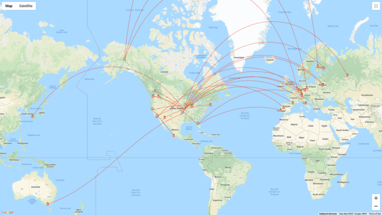 A different sort of route map: All of the postcards we've sent in 2021.