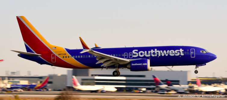 N8733M, a Southwest MAX departs LAX in September, 2021. 