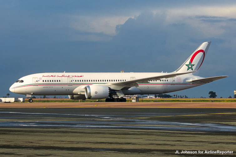 Royal Air Maroc 787-8 in the morning light after a brief shower.