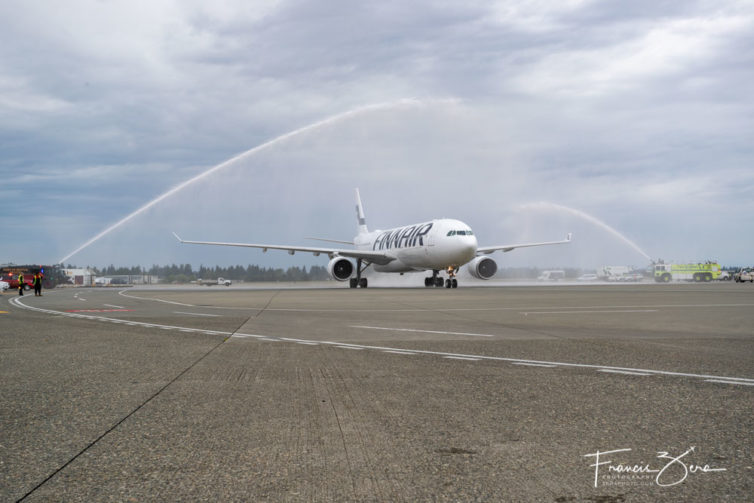 Finnair's A330 received the traditional water cannon salute from the SEA fire department on arrival.