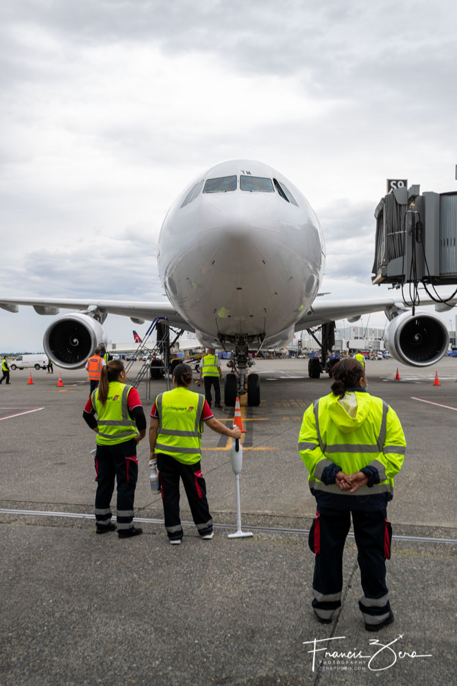 A Finnair A330 taxies to the gate on the inaugural arrival at SEA