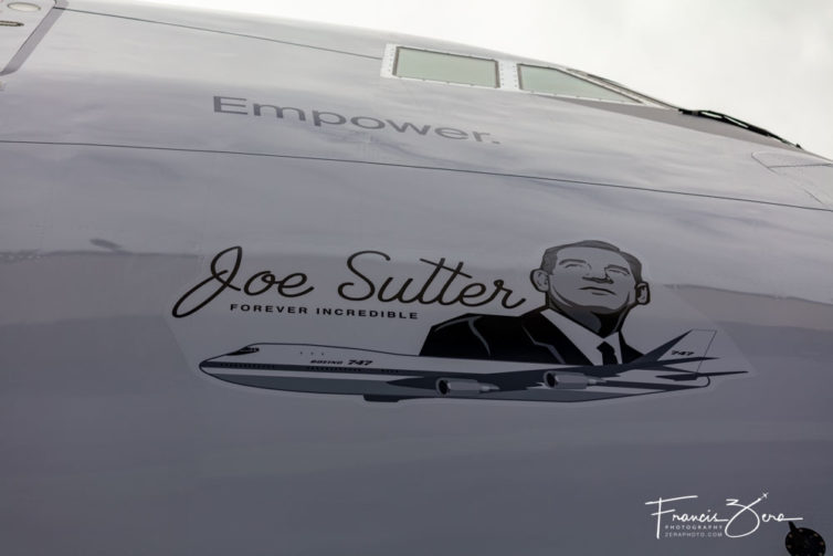 Joe Sutter, who's credited with designing the 747, is recognized on a decal on the aircraft's right side