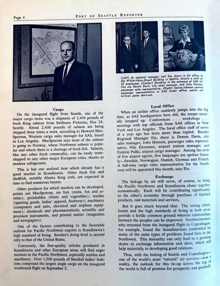 Pages from the Port of Seattle Reporter, with an article of the 1966 SAS inaugural flight between CPH and SEA