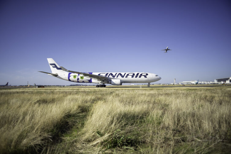 A Finnair A330 in the Marimekko livery waiting on a taxiway