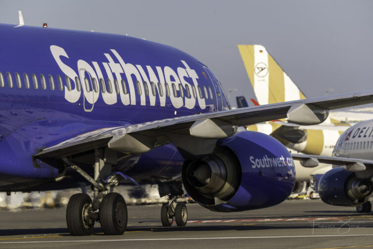 A closeup of a Southwest 737 taxiing at SEA